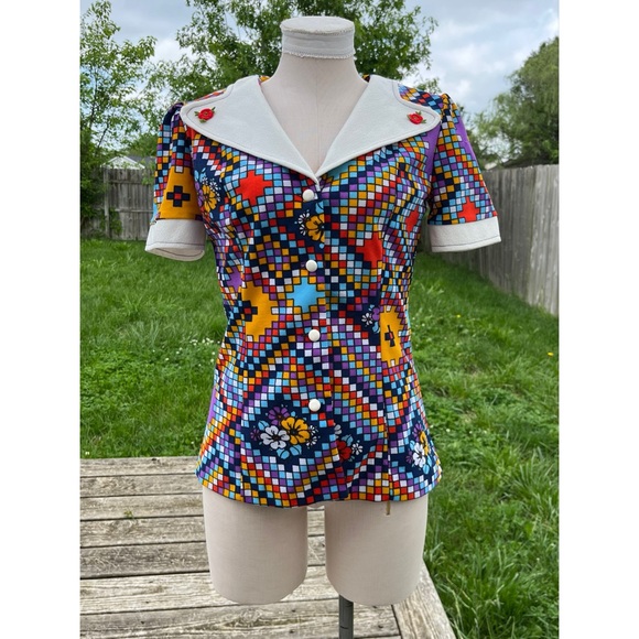 Vintage 60s Mod Colorful Floral Geometric Wide Collar Button Up Shirt - Picture 2 of 13